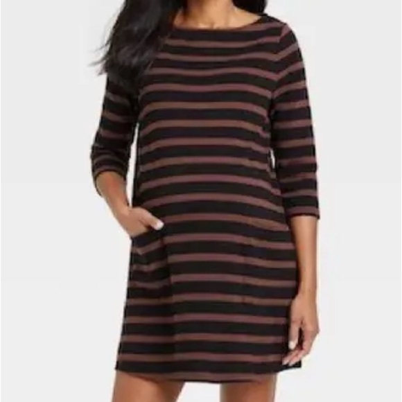 The Nines x Hatch Tunic Shift Dress XS Brown Black Striped Maternity Target Boxy - Picture 2 of 11